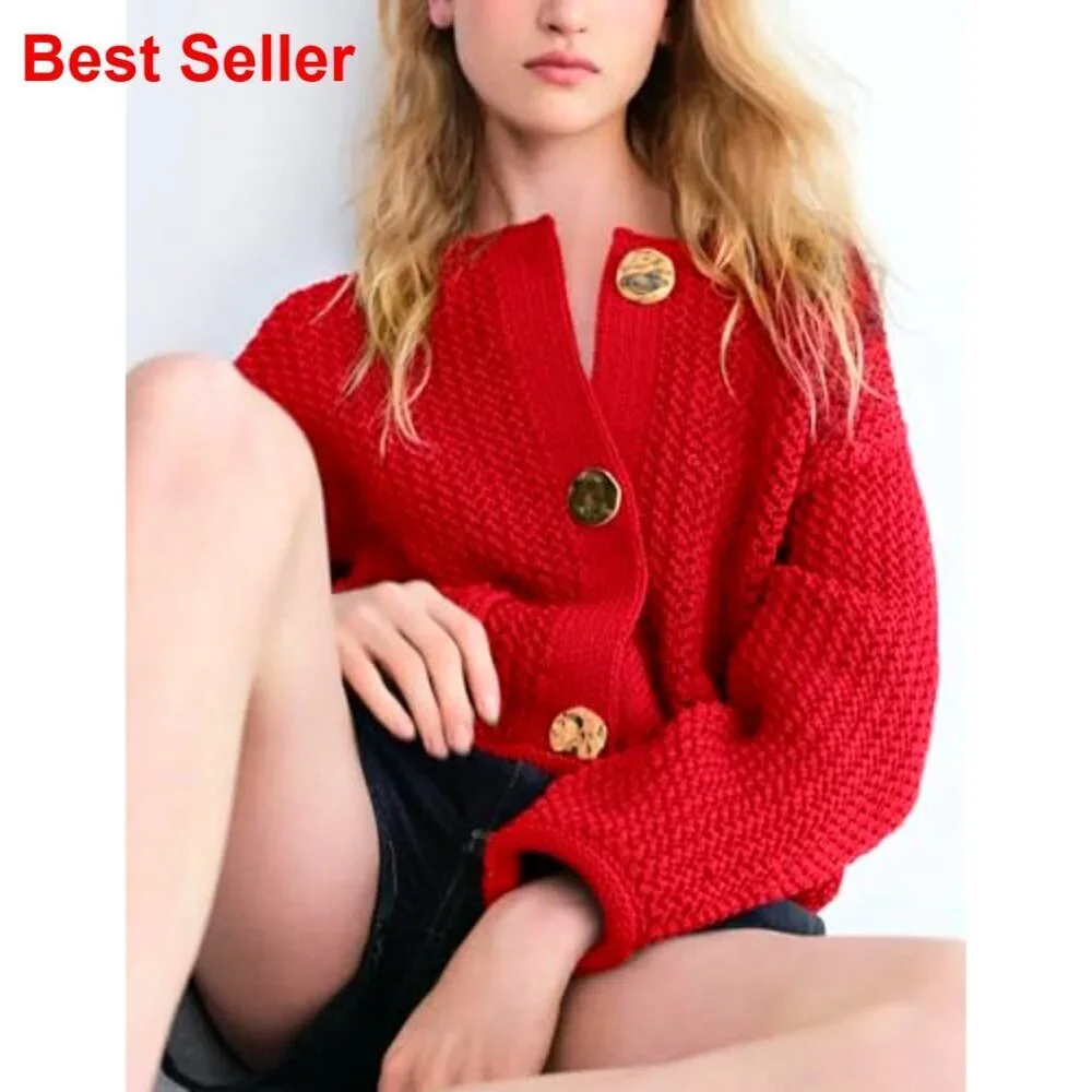 Cropped Cardigan Sweater Chunky Knit Open Front Long Sleeve Gold Buttons